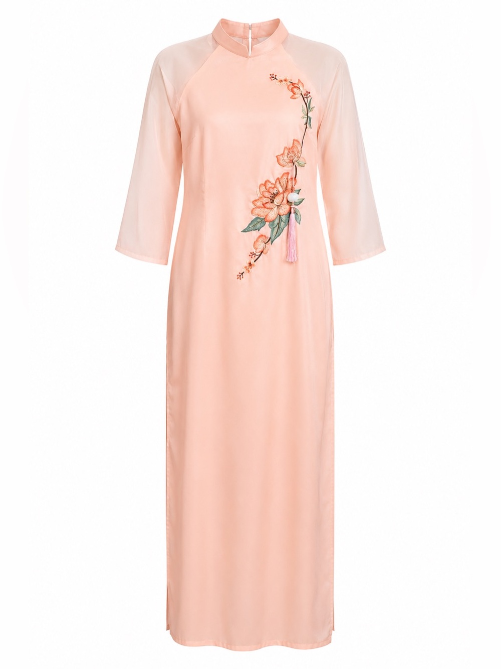 Em-Kim USA Áo Dài Blush Pink Embroidered Vietnamese Tunic Dress Traditional Wear
